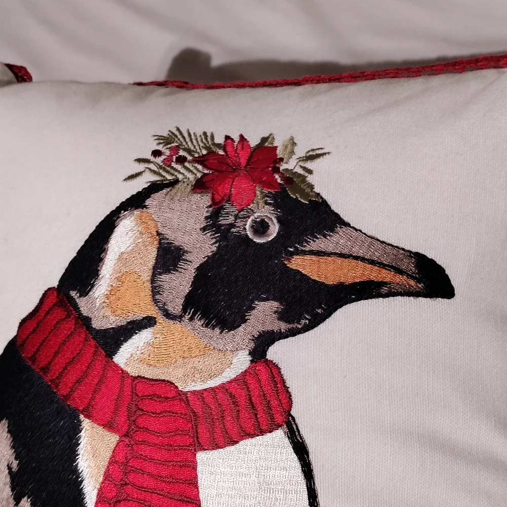 Pier 1 Holiday Penguin Embroidered Throw Pillow Red Scarf Poinsettia 10.5W x 11H